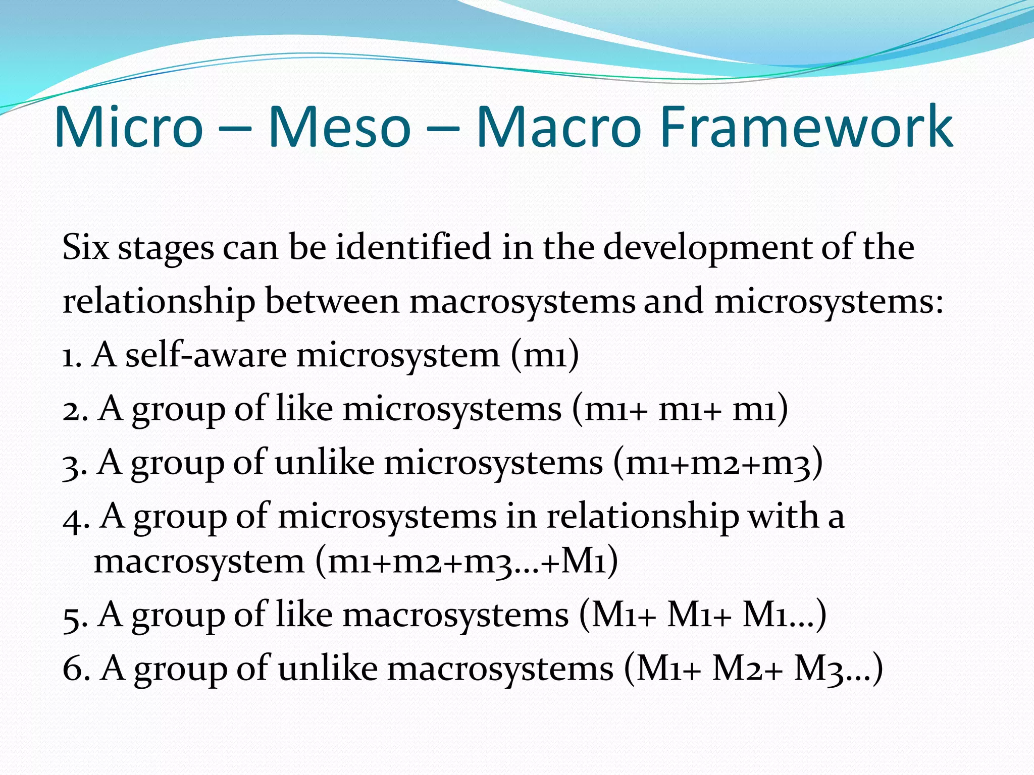 Micro – Meso – Macro Framework
Six stages can be identified in the development of the
relationship between macrosystems and microsystems:
1. A self-aware microsystem (m1)
2. A group of like microsystems (m1+ m1+ m1)
3. A group of unlike microsystems (m1+m2+m3)
4. A group of microsystems in relationship with a
   macrosystem (m1+m2+m3…+M1)
5. A group of like macrosystems (M1+ M1+ M1…)
6. A group of unlike macrosystems (M1+ M2+ M3…)
 