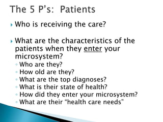    Who is receiving the care?

   What are the characteristics of the
    patients when they enter your
    microsystem?
    ◦ Who are they?
    ◦ How old are they?
    ◦ What are the top diagnoses?
    ◦ What is their state of health?
    ◦ How did they enter your microsystem?
    ◦ What are their “health care needs”
 