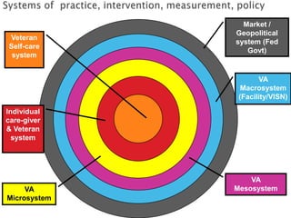 Market /
              Geopolitical
Veteran
              system (Fed
Self-care
                 Govt)
 system


                     VA
                Macrosystem
               (Facility/VISN)

Individual
care-giver
& Veteran
  system




                  VA
     VA       Mesosystem
Microsystem
 