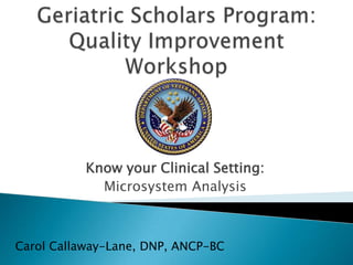 Know your Clinical Setting:
             Microsystem Analysis



Carol Callaway-Lane, DNP, ANCP-BC
 