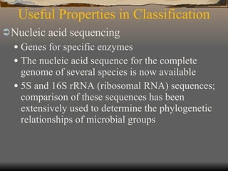 Useful Properties in Classification Nucleic acid sequencing Genes for specific enzymes The nucleic acid sequence for the complete genome of several species is now available 5S and 16S rRNA (ribosomal RNA) sequences; comparison of these sequences has been extensively used to determine the phylogenetic relationships of microbial groups 