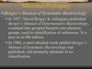 Microbial Phylogeny Bergey’s Manual of Systematic Bacteriology In 1927, David Bergey & colleagues published  Bergey’s Manual of Determinative Bacteriology , a manual that grouped bacteria into phenetic groups, used in identification of unknowns. It is now in its 9th edition. In 1984, a more detailed work entitled  Bergey’s Manual of Systematic Bacteriology  was published, still primarily phenetic in its classification. 