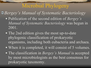 Microbial Phylogeny Bergey’s Manual of Systematic Bacteriology Publication of the second edition of  Bergey’s Manual of Systematic Bacteriology  was begun in 2001.  The 2nd edition gives the most up-to-date phylogenic classification of prokaryotic organisms, including both eubacteria and archaea.  When it is completed, it will consist of 5 volumes. The classification in  Bergey’s Manual  is accepted by most microbiologists as the best consensus for prokaryotic taxonomy. 