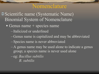 Nomenclature Scientific name (Systematic Name)  Binomial System of Nomenclature Genus name + species name  Italicized or underlined  Genus name is capitalized and may be abbreviated  Species name is never abbreviated A genus name may be used alone to indicate a genus group; a species name is never used alone eg:  Bacillus subtilis          B. subtilis 