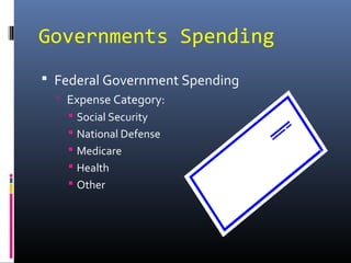 Governments Spending
 Federal Government Spending
   Expense Category:
     Social Security
     National Defense
     Medicare
     Health
     Other
 