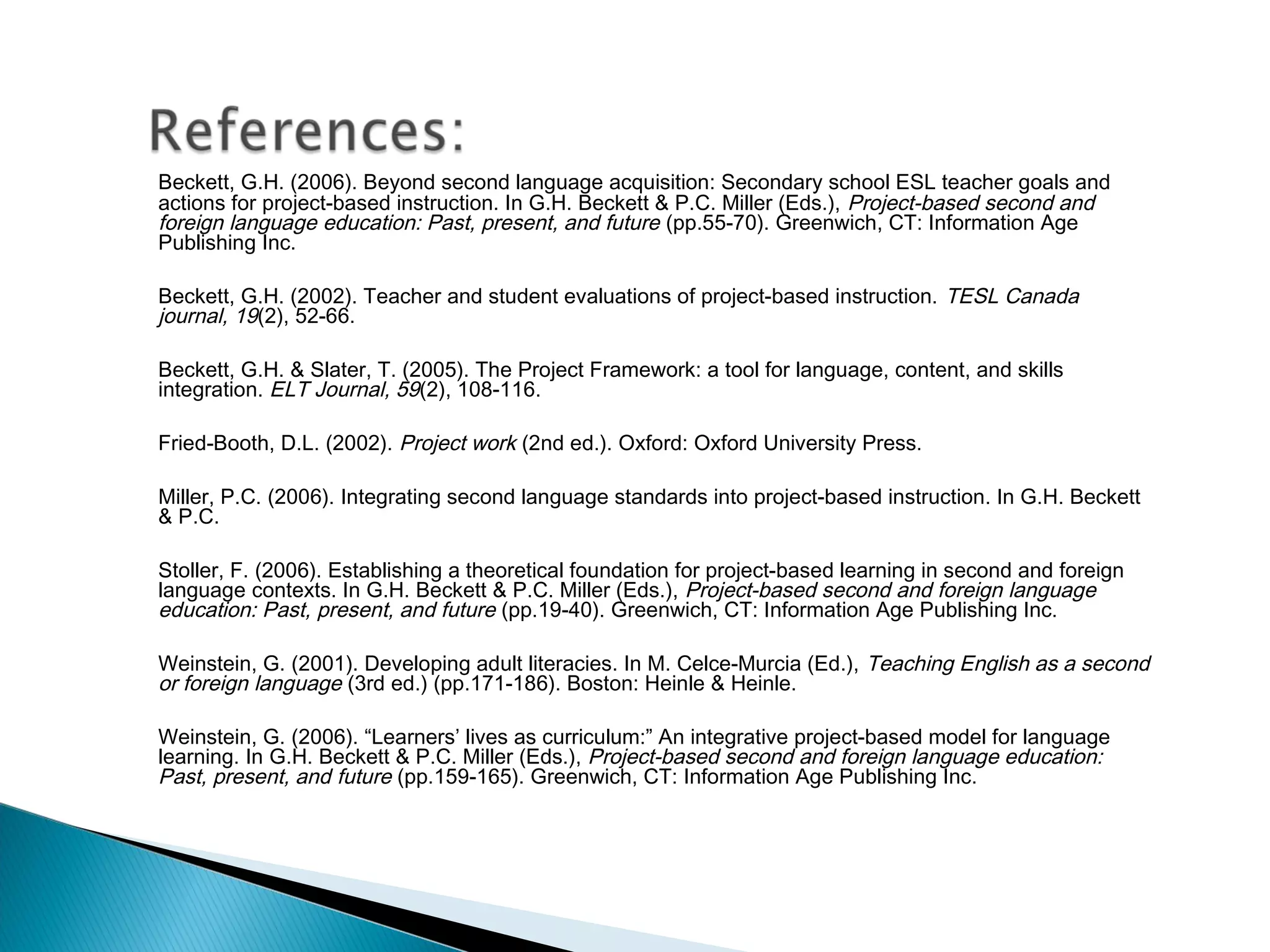 Beckett, G.H. (2006). Beyond second language acquisition: Secondary school ESL teacher goals and
actions for project‐based instruction. In G.H. Beckett & P.C. Miller (Eds.), Project‐based second and
foreign language education: Past, present, and future (pp.55‐70). Greenwich, CT: Information Age
Publishing Inc.

Beckett, G.H. (2002). Teacher and student evaluations of project‐based instruction. TESL Canada
journal, 19(2), 52‐66.

Beckett, G.H. & Slater, T. (2005). The Project Framework: a tool for language, content, and skills
integration. ELT Journal, 59(2), 108‐116.

Fried‐Booth, D.L. (2002). Project work (2nd ed.). Oxford: Oxford University Press.

Miller, P.C. (2006). Integrating second language standards into project‐based instruction. In G.H. Beckett
& P.C.

Stoller, F. (2006). Establishing a theoretical foundation for project‐based learning in second and foreign
language contexts. In G.H. Beckett & P.C. Miller (Eds.), Project‐based second and foreign language
education: Past, present, and future (pp.19‐40). Greenwich, CT: Information Age Publishing Inc.

Weinstein, G. (2001). Developing adult literacies. In M. Celce‐Murcia (Ed.), Teaching English as a second
or foreign language (3rd ed.) (pp.171‐186). Boston: Heinle & Heinle.

Weinstein, G. (2006). “Learners’ lives as curriculum:” An integrative project‐based model for language
learning. In G.H. Beckett & P.C. Miller (Eds.), Project‐based second and foreign language education:
Past, present, and future (pp.159‐165). Greenwich, CT: Information Age Publishing Inc.
 
