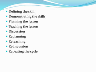  Defining the skill 
 Demonstrating the skills 
 Planning the lesson 
 Teaching the lesson 
 Discussion 
 Replanning...