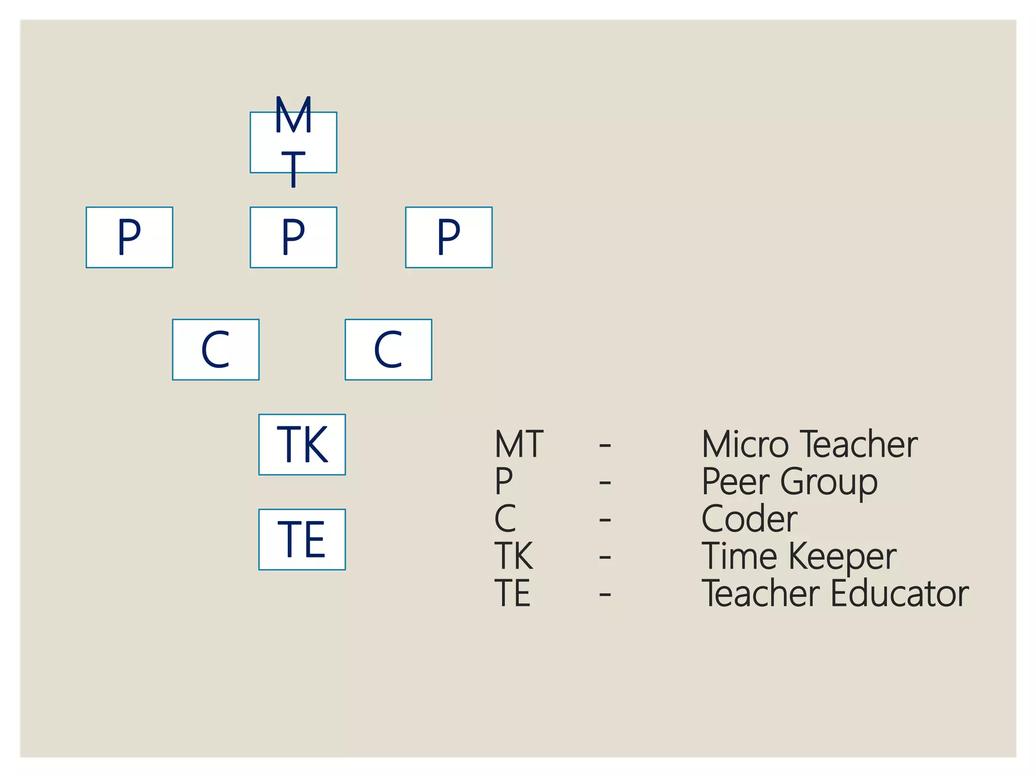 MT - Micro Teacher
P - Peer Group
C - Coder
TK - Time Keeper
TE - Teacher Educator
M
T
P P P
C C
TK
TE
 