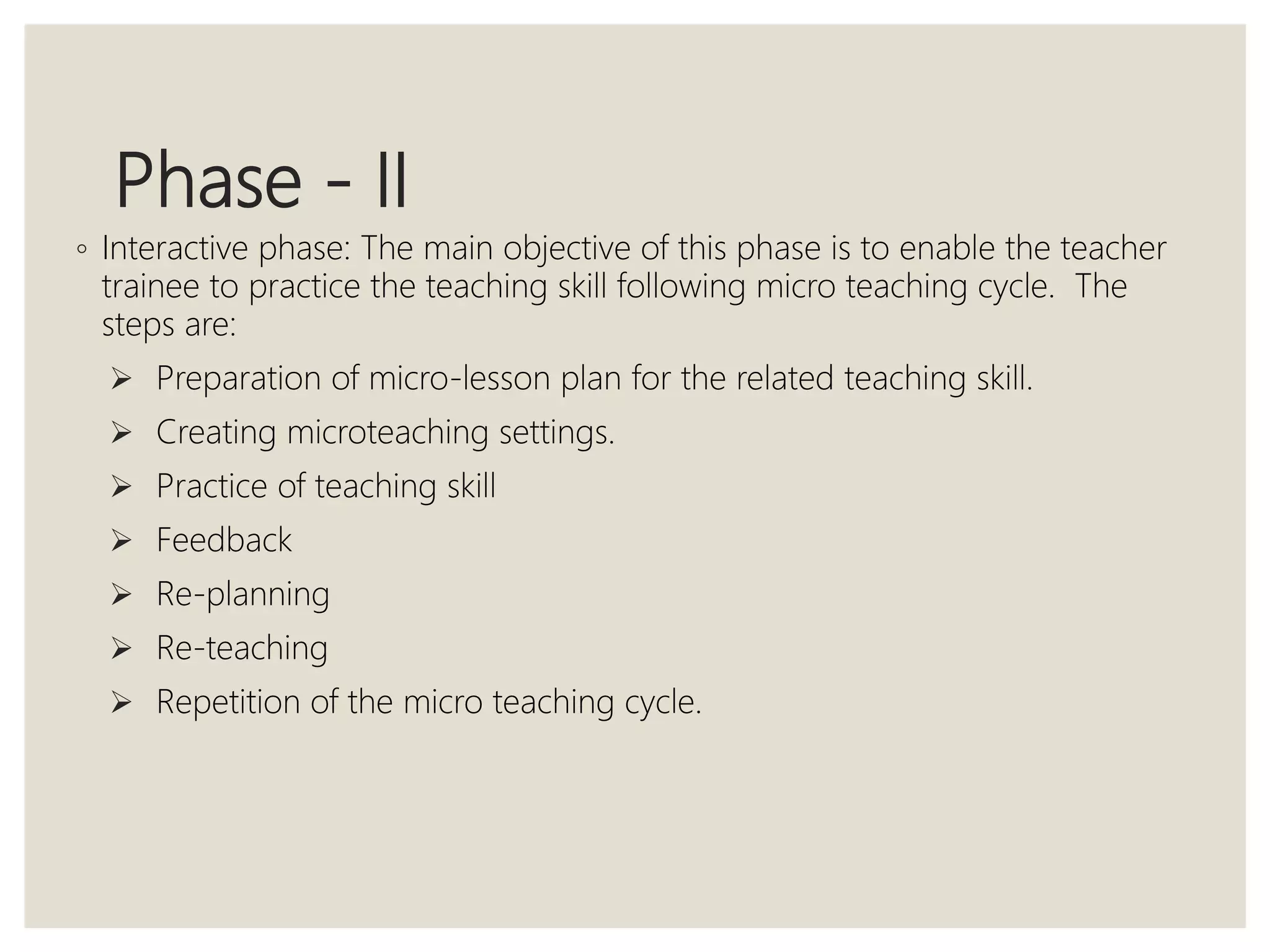 Phase - II
◦ Interactive phase: The main objective of this phase is to enable the teacher
trainee to practice the teaching skill following micro teaching cycle. The
steps are:
 Preparation of micro-lesson plan for the related teaching skill.
 Creating microteaching settings.
 Practice of teaching skill
 Feedback
 Re-planning
 Re-teaching
 Repetition of the micro teaching cycle.
 