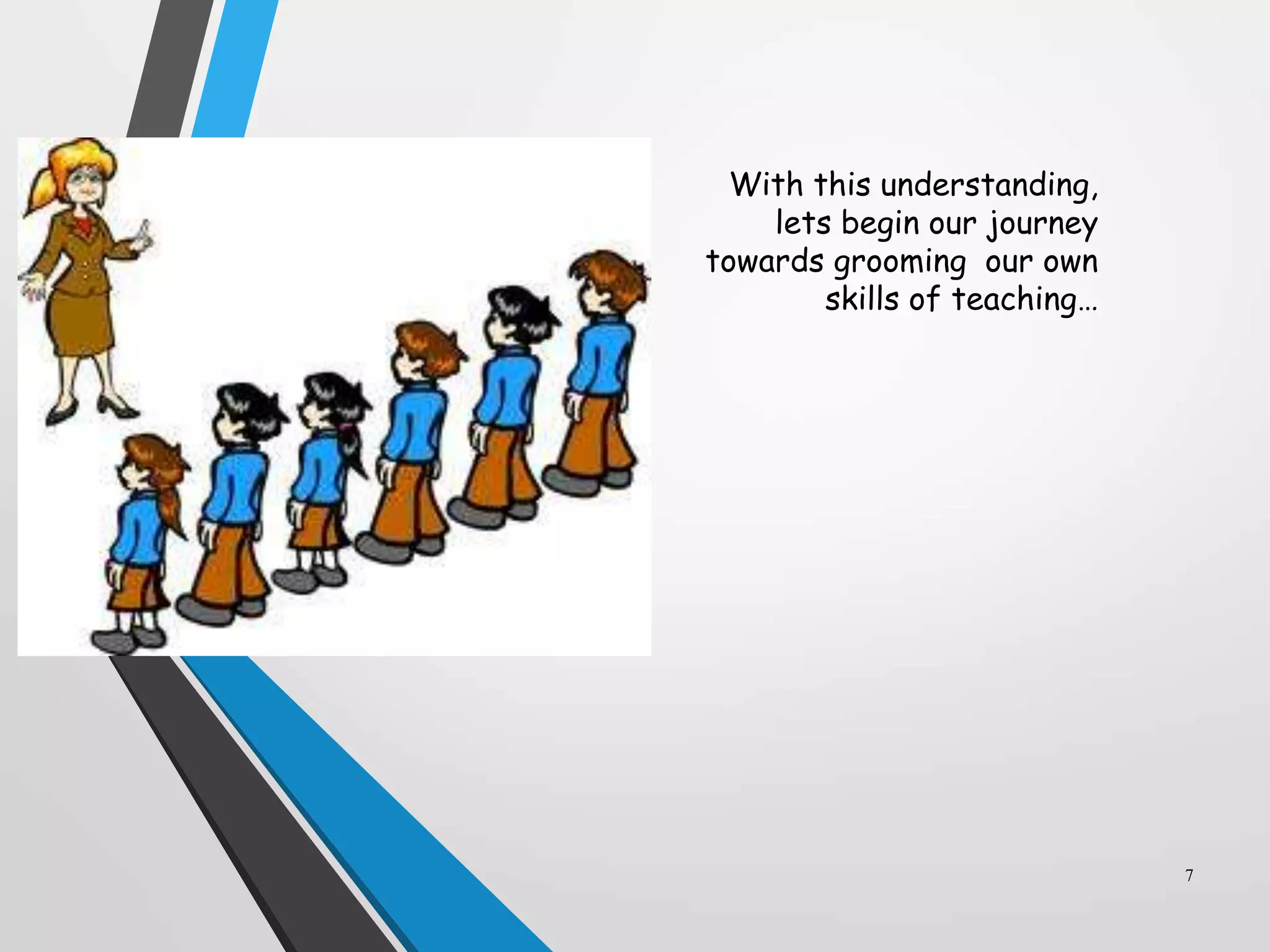 With this understanding,
lets begin our journey
towards grooming our own
skills of teaching…
7
 
