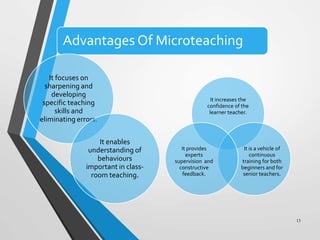 Advantages Of Microteaching
It focuses on
sharpening and
developing
specific teaching
skills and
eliminating errors.
It enables
understanding of
behaviours
important in class-
room teaching.
13
It increases the
confidence of the
learner teacher.
It is a vehicle of
continuous
training for both
beginners and for
senior teachers.
It provides
experts
supervision and
constructive
feedback.
 