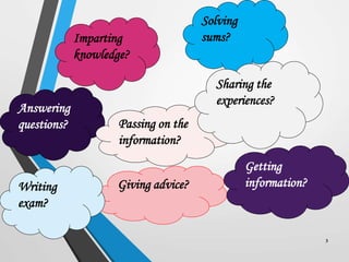 Solving
sums?
Answering
questions?
3
Imparting
knowledge?
Passing on the
information?
Sharing the
experiences?
Giving advice?
Writing
exam?
Getting
information?
 