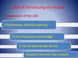 Skill of Introducing the lesson.
Components of the skill
1.Preliminary attention gaining
2.Use of previous knowledge
3.Use of appropriate device
4.Explicit link with the content
 