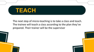 TEACH
The next step of micro-teaching is to take a class and teach.
The trainee will teach a class according to the plan they’ve
prepared. Their trainer will be the supervisor
 