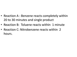• Reaction A : Benzene reacts completely within
20 to 30 minutes and single product
• Reaction B: Toluene reacts within 1 minute
• Reaction C: Nitrobenzene reacts within 2
hours.
 