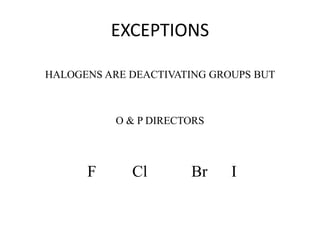 EXCEPTIONS
HALOGENS ARE DEACTIVATING GROUPS BUT
O & P DIRECTORS
F Cl Br I
 