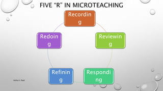 FIVE “R” IN MICROTEACHING
Recordin
g
Reviewin
g
Respondi
ng
Refinin
g
Redoin
g
Astha K. Patel
 