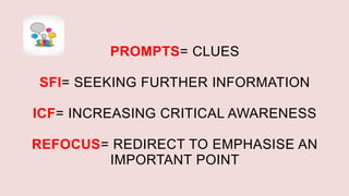 PROMPTS= CLUES
SFI= SEEKING FURTHER INFORMATION
ICF= INCREASING CRITICAL AWARENESS
REFOCUS= REDIRECT TO EMPHASISE AN
IMPORTANT POINT
 