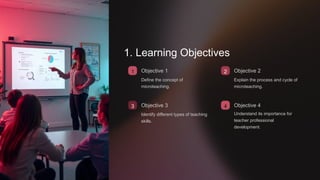 1. Learning Objectives
1 Objective 1
Define the concept of
microteaching.
3 Objective 3
Identify different types of teaching
skills.
2 Objective 2
4
Explain the process and cycle of
microteaching.
Objective 4
Understand its importance for
teacher professional
development.
 