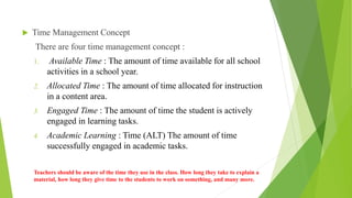  Time Management Concept
There are four time management concept :
1. Available Time : The amount of time available for all school
activities in a school year.
2. Allocated Time : The amount of time allocated for instruction
in a content area.
3. Engaged Time : The amount of time the student is actively
engaged in learning tasks.
4. Academic Learning : Time (ALT) The amount of time
successfully engaged in academic tasks.
Teachers should be aware of the time they use in the class. How long they take to explain a
material, how long they give time to the students to work on something, and many more.
 
