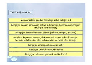TANTANGAN GURU
Memanfaatkan produk teknologi untuk belajar p.d
Mengajar dengan pandangan bahwa p.d memiliki kecerdasan beragam
(multiple intellegence)
Mengajar dengan berbagai pilihan (bahasa, tempat, metode)
Memberi kepuasan layanan, dokumentasi proses & hasil kinerja,
terbuka untuk dinilai oleh p.d & atasan, refleksi atas kinerja
Mengajar untuk pembelajaran aktif
Mengajar untuk konstruksi makna
Mengajar dalam masyarakat multikultural
 