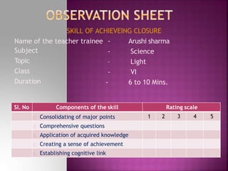 SKILL OF ACHIEVEING CLOSURE
Name of the teacher trainee -
Subject
Topic
Class
Duration
Arushi sharma
- Science
– Light
- VI
- 6 to 10 Mins.
Sl. No Components of the skill
1 2
Rating scale
3 4 5
Consolidating of major points
Comprehensive questions
Application of acquired knowledge
Creating a sense of achievement
Establishing cognitive link
 