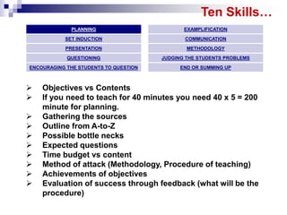 Ten Skills… 
SET INDUCTION 
PRESENTATION 
QUESTIONING 
ENCOURAGING THE STUDENTS TO QUESTION 
EXAMPLIFICATION 
COMMUNICATIO...