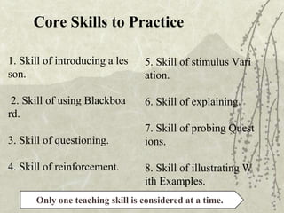 Core Skills to Practice
1. Skill of introducing a les
son.
2. Skill of using Blackboa
rd.
3. Skill of questioning.
4. Skill of reinforcement.
5. Skill of stimulus Vari
ation.
6. Skill of explaining.
7. Skill of probing Quest
ions.
8. Skill of illustrating W
ith Examples.
Only one teaching skill is considered at a time.
 