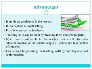 Advantages
 It builds up confidence in the teacher.
 It can be done in small setting.
 Provide constructive feedback.
 Teaching skills can be learn by breaking them into smaller parts.
 Much more comfortable for the teacher than a real classroom
situation because of the smaller length of lecture and less number
of students.
 Can be used for polishing the teaching skills by both beginner and
senior teacher.
 