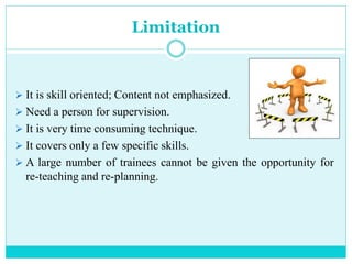 Limitation
 It is skill oriented; Content not emphasized.
 Need a person for supervision.
 It is very time consuming technique.
 It covers only a few specific skills.
 A large number of trainees cannot be given the opportunity for
re-teaching and re-planning.
 