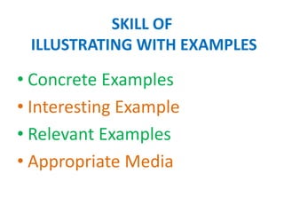 SKILL OF
ILLUSTRATING WITH EXAMPLES
• Concrete Examples
• Interesting Example
• Relevant Examples
• Appropriate Media
 