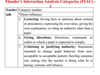 Flander’s Interaction Analysis Categories (FIAC) 2
Teacher Category number
talk
*Direct influence
5. Lecturing: Giving facts or opinions about content
or procedures; expressing his own ideas, giving his
own explanation, or citing an authority other than a
pupil.
6. Giving directions: Directions, commands or
orders to which a pupil is expected to comply.
7. Criticising or justifying authority: Statements
intended to change pupil behavior from nonacceptable to acceptable pattern; bawling someone
out; stating why the teacher is doing what he is
during; extreme self-reliance.
17

 