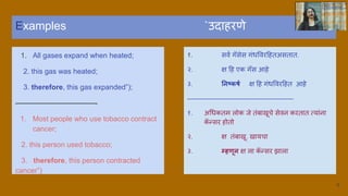 Examples `उदाहरणे
1. All gases expand when heated;
2. this gas was heated;
3. therefore, this gas expanded”);
———————————-
1. Most people who use tobacco contract
cancer;
2. this person used tobacco;
3. therefore, this person contracted
cancer”)
१. सवव गॅसेस गंधववरहहतअसतात.
२. ि हह एक गॅस आहे
३. निष्कर्श ि हह गंधववरहहत आहे
————————————————
१. अधधकतम लोक जे तंबाखूचे सेवन करतात त्यांना
क
ॅ न्सर होतो
२. ि तंबाखू. खायचा
३. म्हणूि ि ला क
ॅ न्सर झाला
8
 