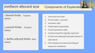 स्पष्टीकरण कौशल्याचे घटक Components of Explanation
१.भशिकांशी ननगडित Teacher
related
२.आशायाशी ननगडित Content
related
३. शैिणणक साहहत्याशी ननगडित Aids
related
1. Voice loud and clear
2. Pronunciation accurate.
3. Intonation right.
4. Gesticulation appropriate
5. Facial expressions right
6. Content should be logically organized
7. Correct and adequate Examples placed at
right places
8. Chronological and phenomenological
sequence maintained
9
 