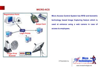 Micro Access Control System has RFID and biometric technology based Image Capturing feature which is used at entrance using a web camera in case of access to employees. MICRO-ACS Swipe Card Finger Print  Scanner Registration Point Login Points 