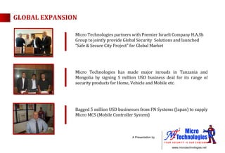 Micro Technologies partners with Premier Israeli Company H.A.Sh Group to jointly provide Global Security  Solutions and launched “Safe & Secure City Project” for Global Market Micro Technologies has made major inroads in Tanzania and Mongolia by signing 5 million USD business deal for its range of security products for Home, Vehicle and Mobile etc. Bagged 5 million USD businesses from FN Systems (Japan) to supply Micro MCS (Mobile Controller System) GLOBAL EXPANSION 
