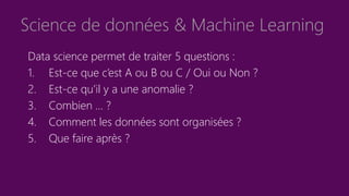Science de données & Machine Learning
Data science permet de traiter 5 questions :
1. Est-ce que c’est A ou B ou C / Oui ou Non ?
2. Est-ce qu’il y a une anomalie ?
3. Combien … ?
4. Comment les données sont organisées ?
5. Que faire après ?
 