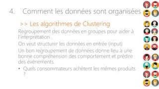4. Comment les données sont organisées ?
>> Les algorithmes de Clustering
Regroupement des données en groupes pour aider à
l’interprétation .
On veut structurer les données en entrée (input)
Un bon regroupement de données donne lieu à une
bonne compréhension des comportement et prédire
des événements.
• Quels consommateurs achètent les mêmes produits
?
 
