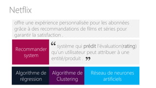 Netflix
Recommander
system
système qui prédit l’évaluation(rating)
qu’un utilisateur peut attribuer à une
entité/produit .
“
”
offre une expérience personnalisée pour les abonnées
grâce à des recommandations de films et séries pour
garantir la satisfaction .
Algorithme de
Clustering
Algorithme de
régression
Réseau de neurones
artificiels
 