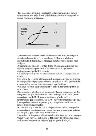25
Las reacciones antígeno - anticuerpo son exotérmicas, por tanto a
temperaturas más bajas la velocidad de reacción disminuye y existe
menor fijación de anticuerpo.
La temperatura también puede afectar la accesibilidad del antígeno
situado en la superficie de la membrana del hematíe, dado que
dependiendo de la misma, se producen cambios morfológicos en el
antígeno.
A temperaturas bajas en el orden de los 4°C, quedan expuestos más
lugares antigénicos permitiendo un aumento de la fijación de
anticuerpos de tipo IgM al hematíe.
Sin embargo la mayoría de estos anticuerpos no tienen significación
clínica.
Con objeto de evitar la interferencia de estos anticuerpos, las pruebas
de compatibilidad pre-transfusionales se realizan a 37°C permitiendo
evidenciar los anticuerpos clínicamente significativos.
Para cada reacción de grupo sanguíneo existen márgenes óptimos de
temperatura.
Básicamente se clasifica a los anticuerpos de grupo sanguíneo en dos
categorías: los que reaccionan en “frío” en rango de 4 a 25°C, en su
mayoría de tipo IgM y los que reaccionan en “caliente” en
temperaturas que oscilan los 30 a 37°C, mayoritariamente de tipo IgG.
La mayoría de los anticuerpos de grupo sanguíneo reaccionan en
rangos térmicos restringidos.
No obstante hoy se admite que la temperatura de la reacción óptima
entre antígeno y anticuerpo, se vincula más con la naturaleza química
del antígeno, que con la clase de anticuerpo.
Los antígenos de tipo carbohidrato suelen relacionarse con anticuerpos
“reactivos en frío” (ej: antígenos A,B,Lewis y P) y los proteicos con
anticuerpos “reactivos en caliente” (ej: antígenos Rh,M,N).
 