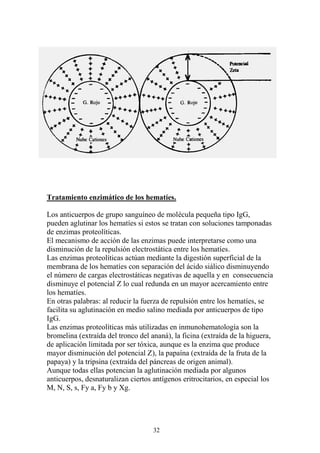 32
Tratamiento enzimático de los hematíes.
Los anticuerpos de grupo sanguíneo de molécula pequeña tipo IgG,
pueden aglutinar los hematíes si estos se tratan con soluciones tamponadas
de enzimas proteolíticas.
El mecanismo de acción de las enzimas puede interpretarse como una
disminución de la repulsión electrostática entre los hematíes.
Las enzimas proteolíticas actúan mediante la digestión superficial de la
membrana de los hematíes con separación del ácido siálico disminuyendo
el número de cargas electrostáticas negativas de aquella y en consecuencia
disminuye el potencial Z lo cual redunda en un mayor acercamiento entre
los hematíes.
En otras palabras: al reducir la fuerza de repulsión entre los hematíes, se
facilita su aglutinación en medio salino mediada por anticuerpos de tipo
IgG.
Las enzimas proteolíticas más utilizadas en inmunohematología son la
bromelina (extraída del tronco del ananá), la ficina (extraída de la higuera,
de aplicación limitada por ser tóxica, aunque es la enzima que produce
mayor disminución del potencial Z), la papaína (extraída de la fruta de la
papaya) y la tripsina (extraída del páncreas de origen animal).
Aunque todas ellas potencian la aglutinación mediada por algunos
anticuerpos, desnaturalizan ciertos antígenos eritrocitarios, en especial los
M, N, S, s, Fy a, Fy b y Xg.
 