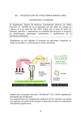 48
III) INVESTIGACIÓN DE ANTICUERPOS IRREGULARES
(SCREENING o TAMIZAJE)
El Reglamento Técnico de Medicina Transfusional (Decreto del Poder
Ejecutivo N° 385/000 del 26 de diciembre del año 2000, con entrada en
vigencia el 9 de enero del año 2001) ordena que el suero de todos los
donantes, pacientes y embarazadas sea estudiado para descartar la presencia
de aloanticuerpos aglutinantes, hemolizantes o sensibilizantes de la
membrana eritrocitaria.
Detallaremos en éste apartado el escrutinio de anticuerpos irregulares en
medio liss/coombs y a continuación en medio enzimático.
ESCRUTINIO DE ANTICUERPOS IRREGULARES EN TARJETA LISS-COOMBS
Emplee para esta prueba eritrocitos “ID-DiaCell” I-II ó I-II-III, ampliamente
fenotipados por el fabricante.
Los requerimientos de configuración antigénica de los eritrocitos de prueba
son rigurosos: de modo tal de asegurar la detección de todos los anticuerpos
clínicamente significativos.
 