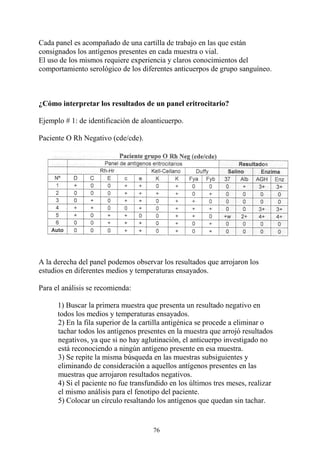 76
Cada panel es acompañado de una cartilla de trabajo en las que están
consignados los antígenos presentes en cada muestra o vial.
El uso de los mismos requiere experiencia y claros conocimientos del
comportamiento serológico de los diferentes anticuerpos de grupo sanguíneo.
¿Cómo interpretar los resultados de un panel eritrocitario?
Ejemplo # 1: de identificación de aloanticuerpo.
Paciente O Rh Negativo (cde/cde).
A la derecha del panel podemos observar los resultados que arrojaron los
estudios en diferentes medios y temperaturas ensayados.
Para el análisis se recomienda:
1) Buscar la primera muestra que presenta un resultado negativo en
todos los medios y temperaturas ensayados.
2) En la fila superior de la cartilla antigénica se procede a eliminar o
tachar todos los antígenos presentes en la muestra que arrojó resultados
negativos, ya que si no hay aglutinación, el anticuerpo investigado no
está reconociendo a ningún antígeno presente en esa muestra.
3) Se repite la misma búsqueda en las muestras subsiguientes y
eliminando de consideración a aquellos antígenos presentes en las
muestras que arrojaron resultados negativos.
4) Si el paciente no fue transfundido en los últimos tres meses, realizar
el mismo análisis para el fenotipo del paciente.
5) Colocar un círculo resaltando los antígenos que quedan sin tachar.
 