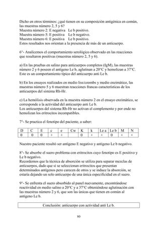 80
Dicho en otros términos: ¿qué tienen en su composición antigénica en común,
las muestras número 2, 5 y 6?
Muestra número 2: E negativa Le b positivo.
Muestra número 5: E positiva Le b negativo.
Muestra número 6: E positiva Le b positivo.
Estos resultados nos orientan a la presencia de más de un anticuerpo.
6°- Analicemos el comportamiento serológico observado en las reacciones
que resultaron positivas (muestras número 2, 5 y 6).
a) En las pruebas en salino para anticuerpos completos (IgM), las muestras
número 2 y 6 poseen el antígeno Le b, aglutinan a 20°C y hemolizan a 37°C.
Este es un comportamiento típico del anticuerpo anti Le b.
b) En los ensayos realizados en medio liss/coombs y medio enzimático, las
muestras número 5 y 6 muestran reacciones francas características de los
anticuerpos del sistema Rh-Hr.
c) La hemólisis observada en la muestra número 2 en el ensayo enzimático, se
corresponde a la actividad del anticuerpo anti Le b.
Los anticuerpos del sistema Rh-Hr no activan el complemento y por ende no
hemolizan los eritrocitos incompatibles.
7°- Se practica el fenotipo del paciente, a saber:
D C E c e Cw K k Le a Le b M N
0 0 0 + + 0 + + 0 + +
Nuestro paciente resultó ser antígeno E negativo y antígeno Le b negativo.
8°- Se absorbe el suero problema con eritrocitos cuyo fenotipo es E positivo y
Le b negativo.
Recordemos que la técnica de absorción se utiliza para separar mezclas de
anticuerpos, dado que si se seleccionan eritrocitos que presentan
determinados antígenos pero carecen de otros y se induce la absorción, se
estaría dejando un solo anticuerpo de una única especificidad en el suero.
9°- Se enfrenta el suero absorbido al panel nuevamente, encontrándose
reactividad en medio salino a 20°C y a 37°C obteniéndose aglutinación con
las muestras número 2 y 6, que son las únicas que tienen en común al
antígeno Le b.
Conclusión: anticuerpo con actividad anti Le b.
 
