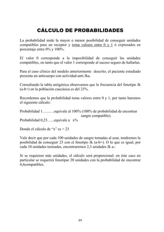 89
CÁLCULO DE PROBABILIDADES
La probabilidad mide la mayor o menor posibilidad de conseguir unidades
compatibles para un receptor y toma valores entre 0 y 1 ó expresados en
porcentaje entre 0% y 100%.
El valor 0 corresponde a la imposibilidad de conseguir las unidades
compatibles, en tanto que el valor 1 corresponde al suceso seguro de hallarlas.
Para el caso clínico del modelo anteriormente descrito, el paciente estudiado
presenta un anticuerpo con actividad-anti Jka.
Consultando la tabla antigénica observamos que la frecuencia del fenotipo Jk
(a-b+) en la población caucásica es del 23%.
Recordemos que la probabilidad toma valores entre 0 y 1, por tanto haremos
el siguiente cálculo:
Probabilidad 1…...….equivale al 100% (100% de probabilidad de encontrar
sangre compatible).
Probabilidad 0,23…...equivale a x%
Donde el cálculo de “x” es = 23
Vale decir que por cada 100 unidades de sangre tomadas al azar, tendremos la
posibilidad de conseguir 23 con el fenotipo Jk (a-b+). O lo que es igual, por
cada 10 unidades testeadas, encontraremos 2,3 unidades Jk a-.
Si se requieren más unidades, el cálculo será proporcional: en éste caso en
particular se requerirá fenotipar 20 unidades con la probabilidad de encontrar
4,6compatibles.
 