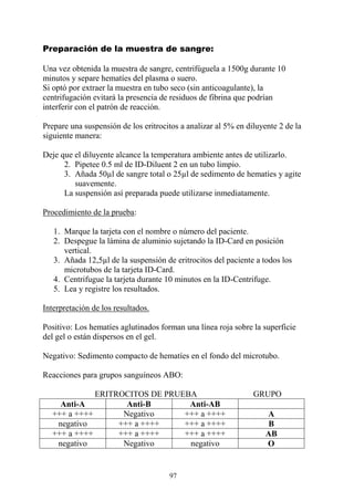 97
Preparación de la muestra de sangre:
Una vez obtenida la muestra de sangre, centrifúguela a 1500g durante 10
minutos y separe hematíes del plasma o suero.
Si optó por extraer la muestra en tubo seco (sin anticoagulante), la
centrifugación evitará la presencia de residuos de fibrina que podrían
interferir con el patrón de reacción.
Prepare una suspensión de los eritrocitos a analizar al 5% en diluyente 2 de la
siguiente manera:
Deje que el diluyente alcance la temperatura ambiente antes de utilizarlo.
2. Pipetee 0.5 ml de ID-Diluent 2 en un tubo limpio.
3. Añada 50µl de sangre total o 25µl de sedimento de hematíes y agite
suavemente.
La suspensión así preparada puede utilizarse inmediatamente.
Procedimiento de la prueba:
1. Marque la tarjeta con el nombre o número del paciente.
2. Despegue la lámina de aluminio sujetando la ID-Card en posición
vertical.
3. Añada 12,5µl de la suspensión de eritrocitos del paciente a todos los
microtubos de la tarjeta ID-Card.
4. Centrifugue la tarjeta durante 10 minutos en la ID-Centrifuge.
5. Lea y registre los resultados.
Interpretación de los resultados.
Positivo: Los hematíes aglutinados forman una línea roja sobre la superficie
del gel o están dispersos en el gel.
Negativo: Sedimento compacto de hematíes en el fondo del microtubo.
Reacciones para grupos sanguíneos ABO:
ERITROCITOS DE PRUEBA GRUPO
Anti-A Anti-B Anti-AB
+++ a ++++ Negativo +++ a ++++ A
negativo +++ a ++++ +++ a ++++ B
+++ a ++++ +++ a ++++ +++ a ++++ AB
negativo Negativo negativo O
 