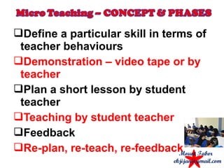 Define a particular skill in terms of
teacher behaviours
Demonstration – video tape or by
teacher
Plan a short lesson by student
teacher
Teaching by student teacher
Feedback
Re-plan, re-teach, re-feedbackMount Tabor
ekjijan@gmail.com
 