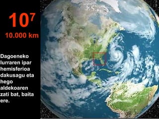 Dagoeneko
lurraren ipar
hemisferioa
dakusagu eta
hego
aldekoaren
zati bat, baita
ere.
107
10.000 km
 