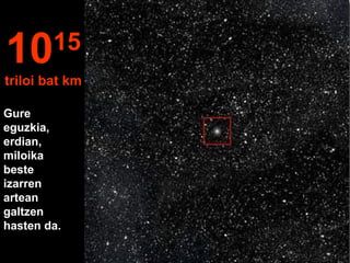Gure
eguzkia,
erdian,
miloika
beste
izarren
artean
galtzen
hasten da.
1015
triloi bat km
 