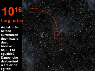 Argiak urte
betean
aurreratzen
duen luzera
duzu
honako
hau... Eta
eguzkia?
Dagoeneko
desberdind
u ere ez da
egiten!
1016
1 argi urtea
 